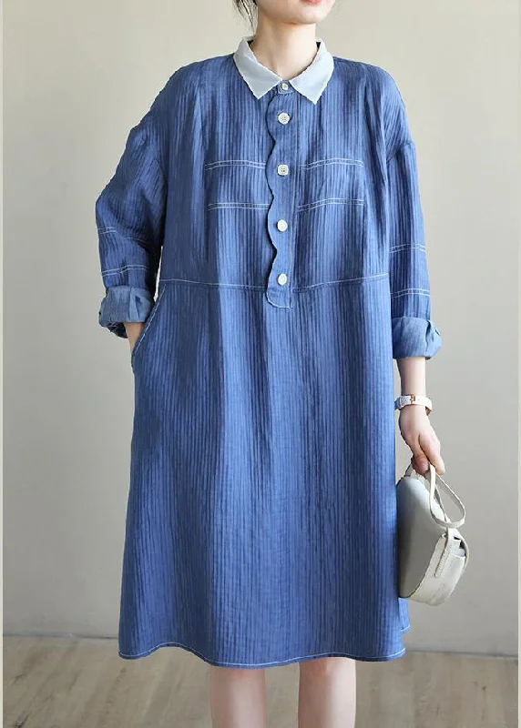 Luxury Fashion French Blue Long sleeve Patchwork Button Dress Spring