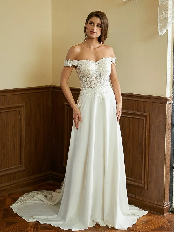 Eclectic Style Wardrobe A-Line/Princess Stretch Crepe Lace Off-the-Shoulder Short Sleeves Court Train Wedding Dresses