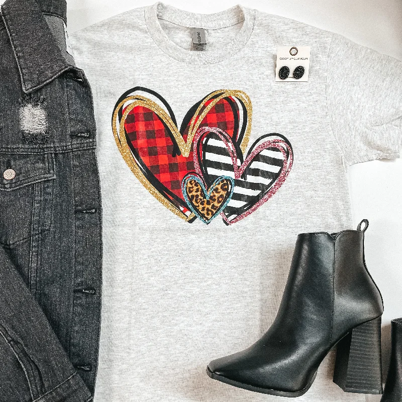 Stylish Everyday Clothing Last Chance Size Small & Medium | Mix Print Hearts Short Sleeve Graphic Tee in Heather Grey