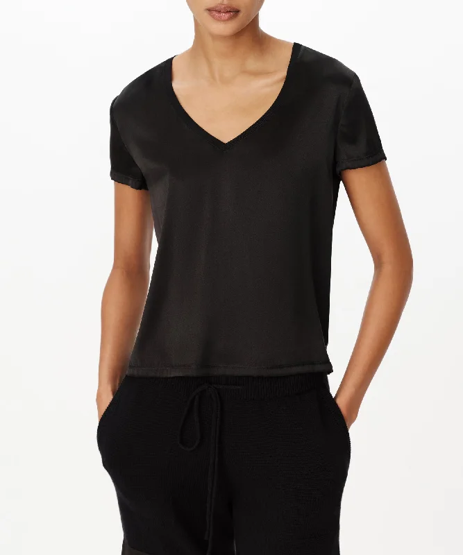 Everyday Basics Stretch Charmeuse V-Neck Tee - Black