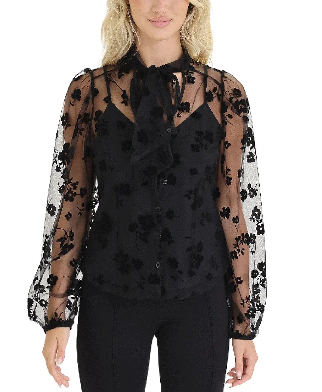 Women Apparel Flocked Floral Sheer Blouse