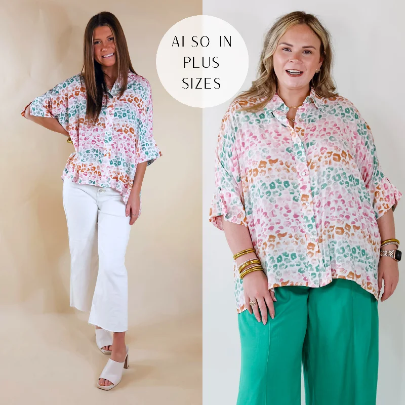 Chic And Comfortable Hotter Than Ever Leopard Print Button Up Top with Short Sleeves in Pink Mix