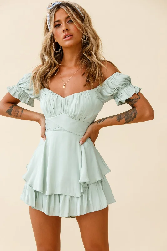 Best Clearance Sales Right Now Linka Off-Shoulder Tie Back Romper Pistachio