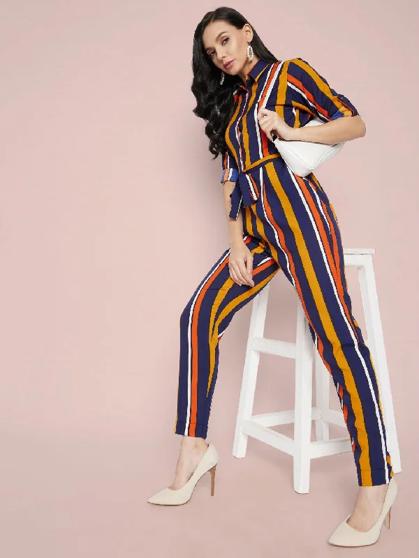 Clothing For Women Striped Roll Up Jumpsuit