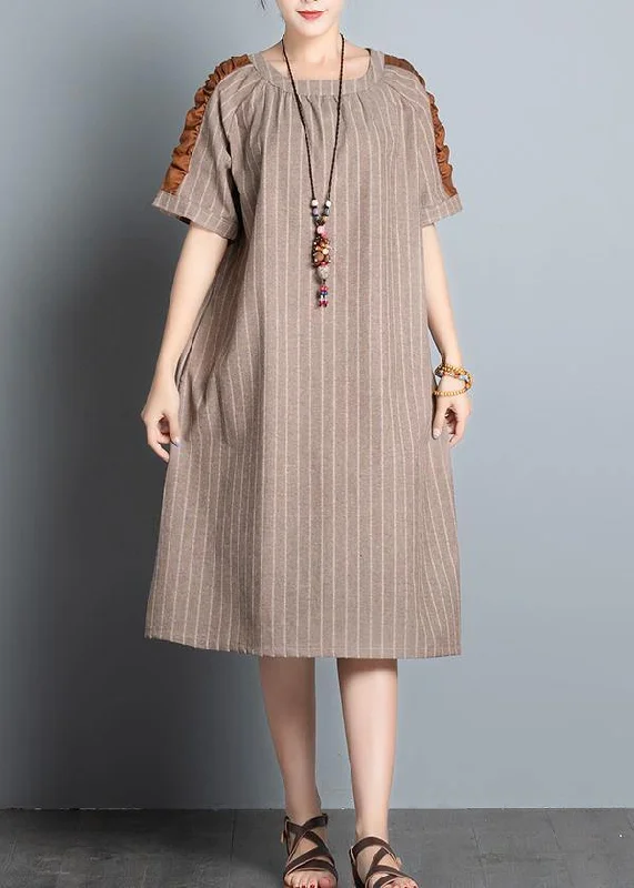 Trend Leading Collection Style khaki striped cotton clothes For Women o neck patchwork Plus Size summer Dresses