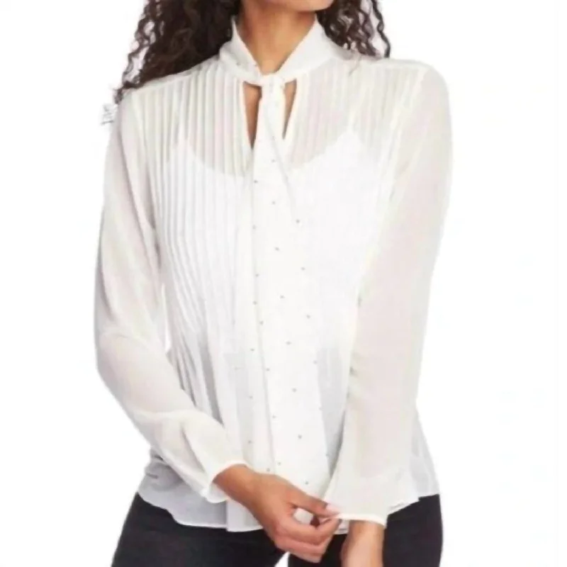 Chic And Edgy Sheer Drapey Neck Tie Studs Long Sleeve Blouse In White