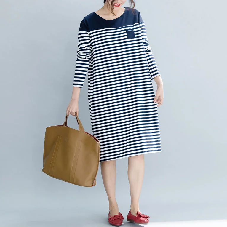 Comfortable Chic Modern striped Cotton Tunics Boho Fashion Ideas pockets cotton Dress