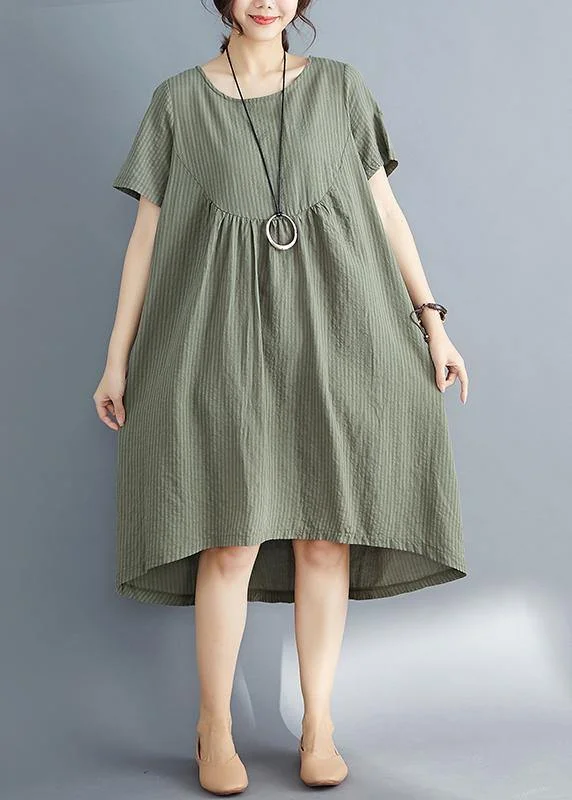 Online Shopping Boutiques DIY o neck asymmetric Cotton clothes Women plus size Catwalk army green striped Midi Dress Summer