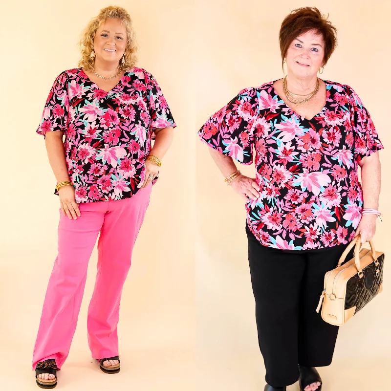 Stupidly Low Prices Giving You More Pink Floral Print V Neck Blouse in Black