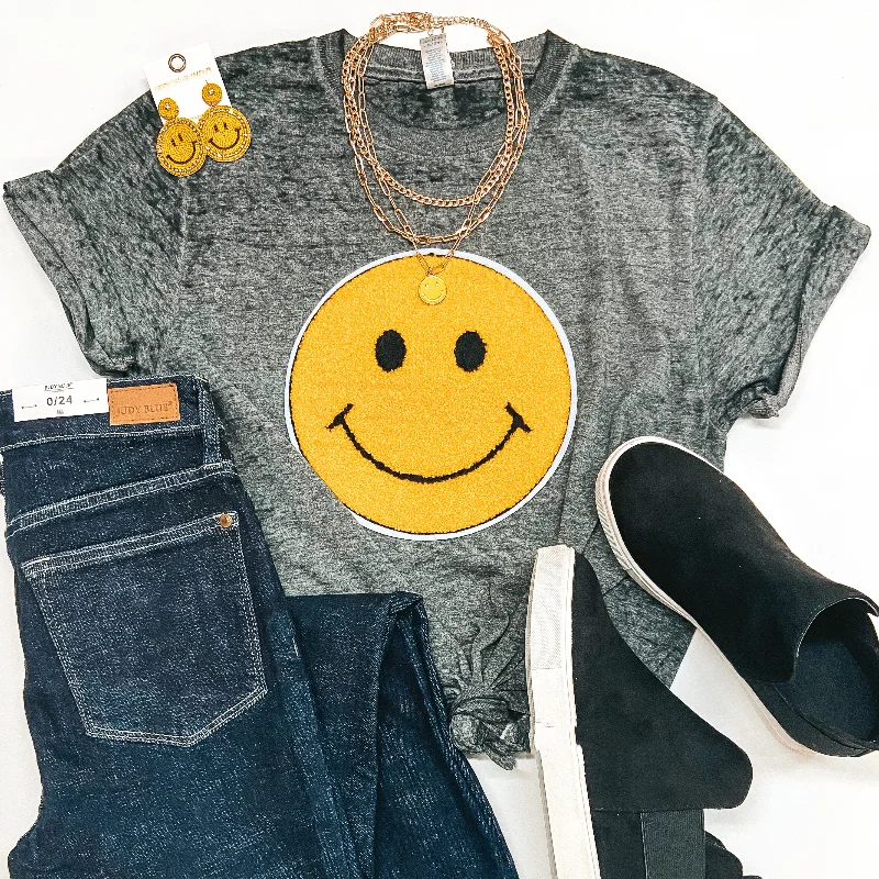 Business Casual Outfits A Smile A Day Fuzzy Happy Face Short Sleeve Graphic Tee in Grey Acid Wash