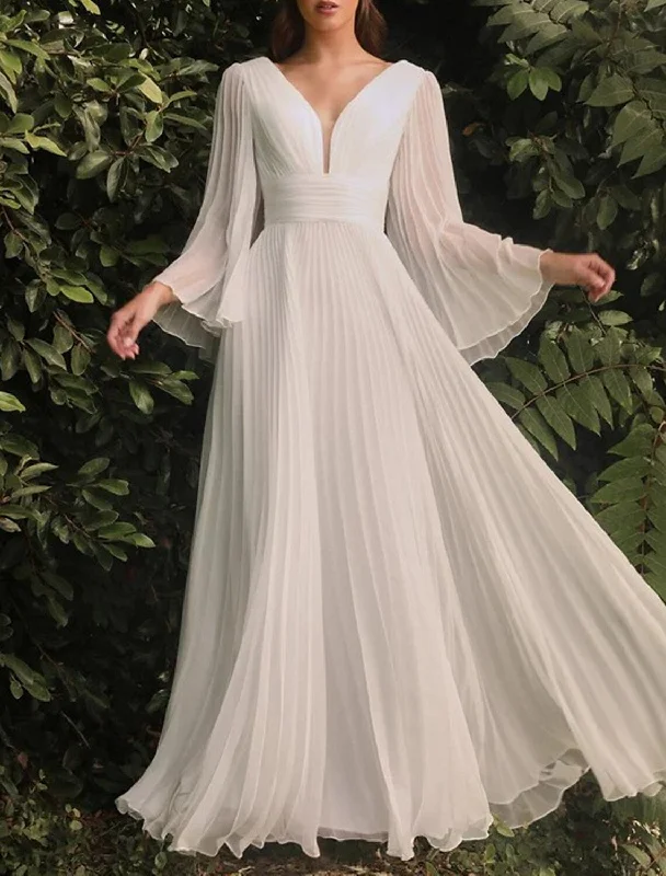 Women Wear Boutique Beach Casual Wedding Dresses A-Line V Neck Long Sleeve Floor Length Chiffon Bridal Gowns With Solid Color