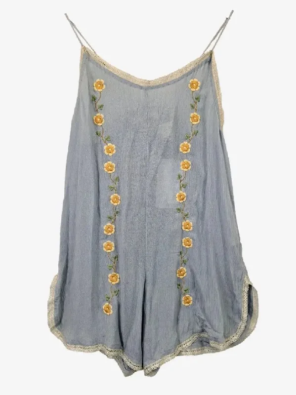 Fashion Forward Femininity Golden Brown Delicate Bohemian Sky Embroidered Playsuit Size M