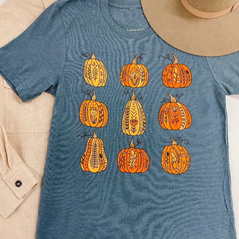 Plus Size Women Wear Painted Pumpkins Short Sleeve Graphic Tee in Dusty Blue