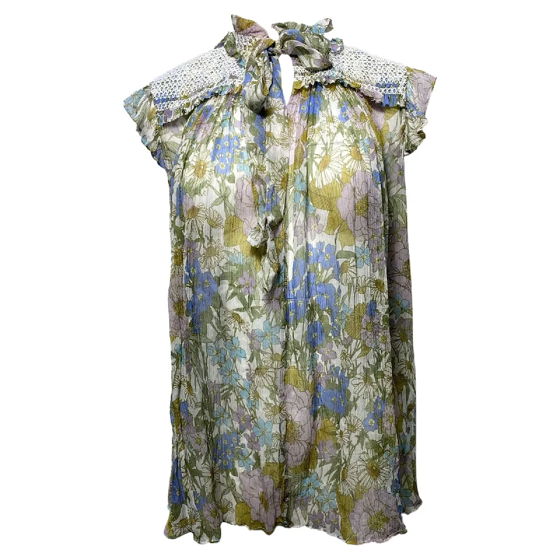 Chic Women's Outfit Ideas Zimmermann Floral Print Tie Neck Sleeveless Blouse in Multicolor Polyester