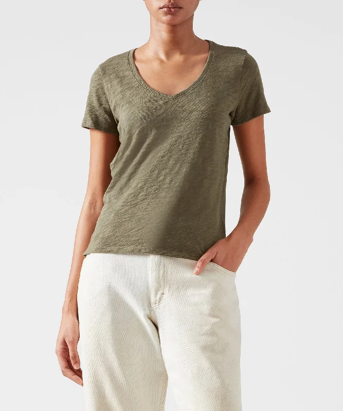 Women's Fashion Hotspots Slub Jersey Schoolboy V-Neck Tee - Army