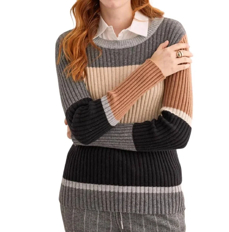 Style Versatile Women's Collection Crew Neck Colorblock Sweater In Charcoal