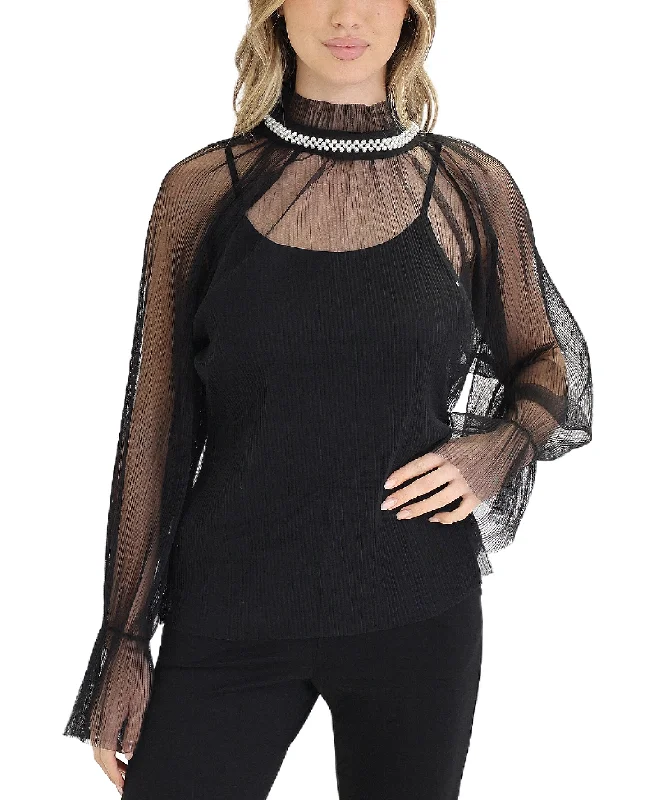 Comfort Centric Apparel Mesh Blouse w/ Pearl Trim