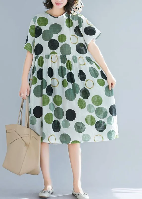 Stylish Women's Clothes for Work and Play Art green dotted linen plus size Catwalk o neck short sleeve baggy Summer Dresses