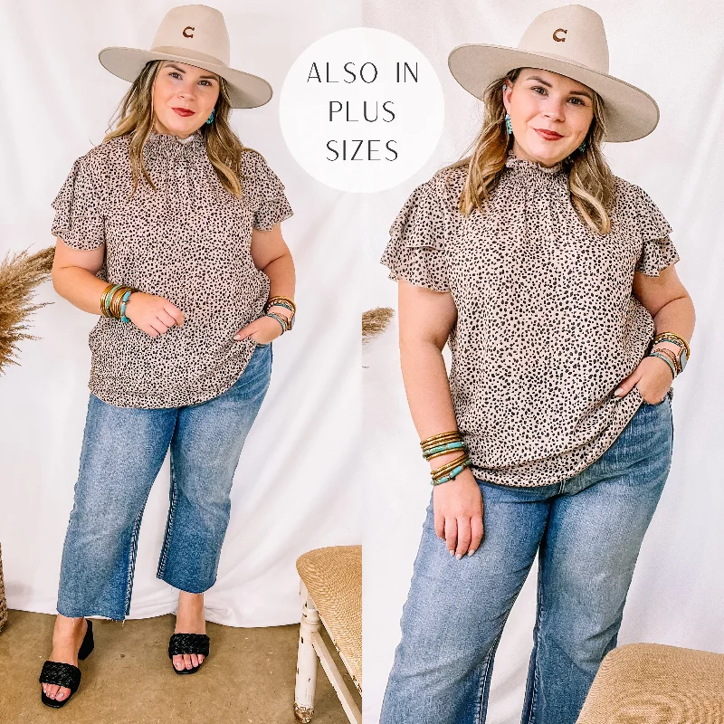 Fashionable Tops for Women Last Chance Size Small | Tucked Away Dotted High Neck Top with Ruffle Short Sleeves in Taupe