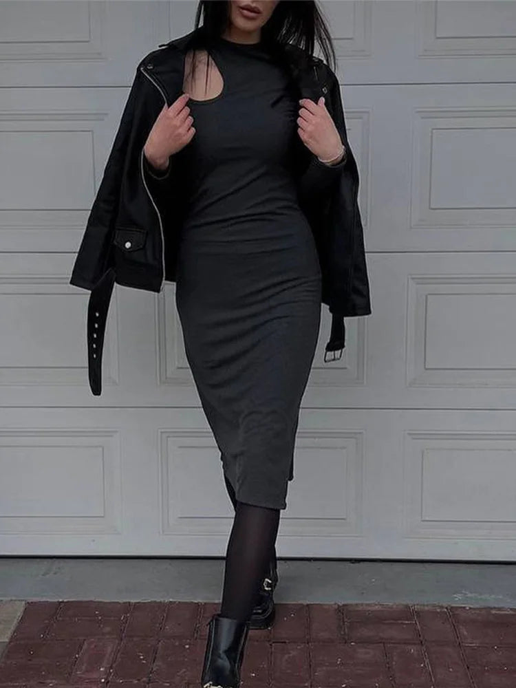 Quality Wear Sexy Cut Out  Elegant O-neck Long Solid Casual Midi Dresses