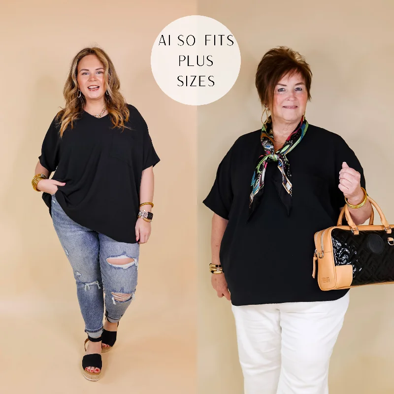 Women Online Clothing Boutiques Try To Resist Short Sleeve V Neck Top with Front Pocket in Black