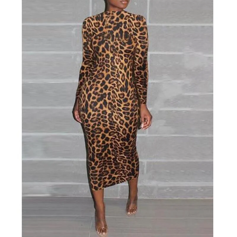 Mega Sales FashionSierra - High neck long sleeve leopard print dress women Slim fit turtlenecek midi dresses Autumn Bodycon Party dress Vestidos