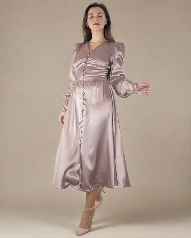 Chic Style Kelsey Mocha Brown Satin Corset Dress - Button Up Long Sleeve Satin Dress