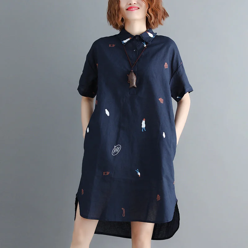 Ride The Style Wave stylish navy pure linen dress trendy plus size linen maxi dress vintage short sleeve Turn-down natural linen dress