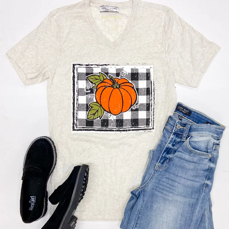 Clothes Of Woman Last Chance Size Small | Buffalo Plaid Pumpkin Short Sleeve Graphic Tee in Light Beige