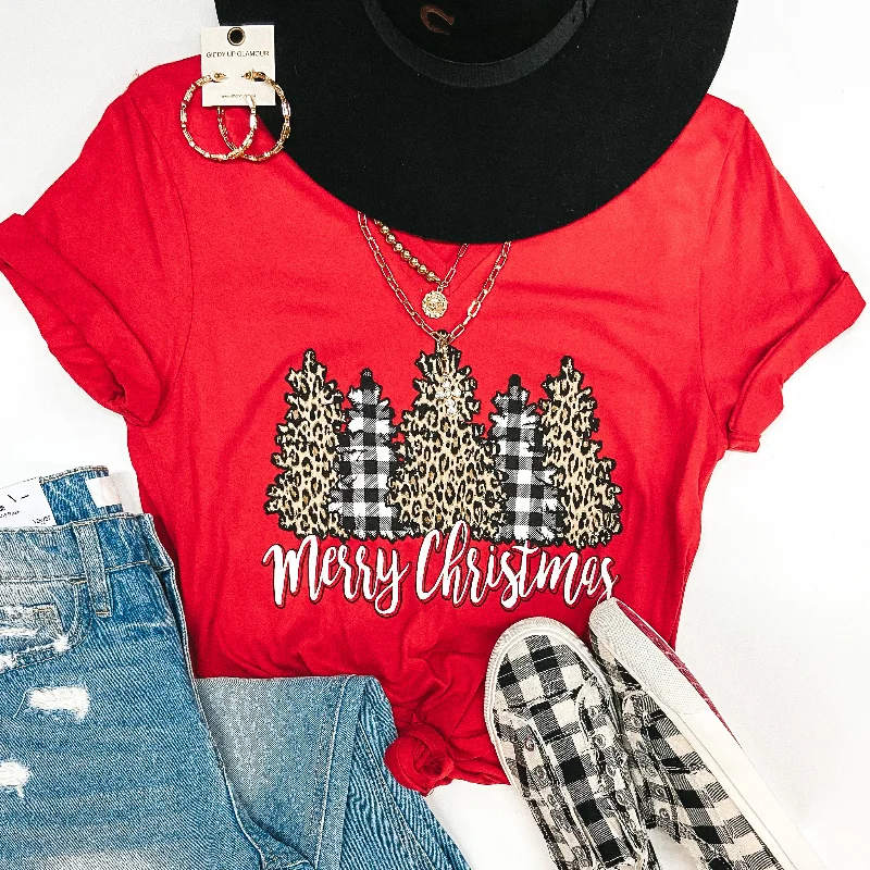 Casual Women's Clothing Last Chance Size Small | Merry Christmas Leopard and Buffalo Plaid Christmas Trees Short Sleeve Graphic Tee in Red