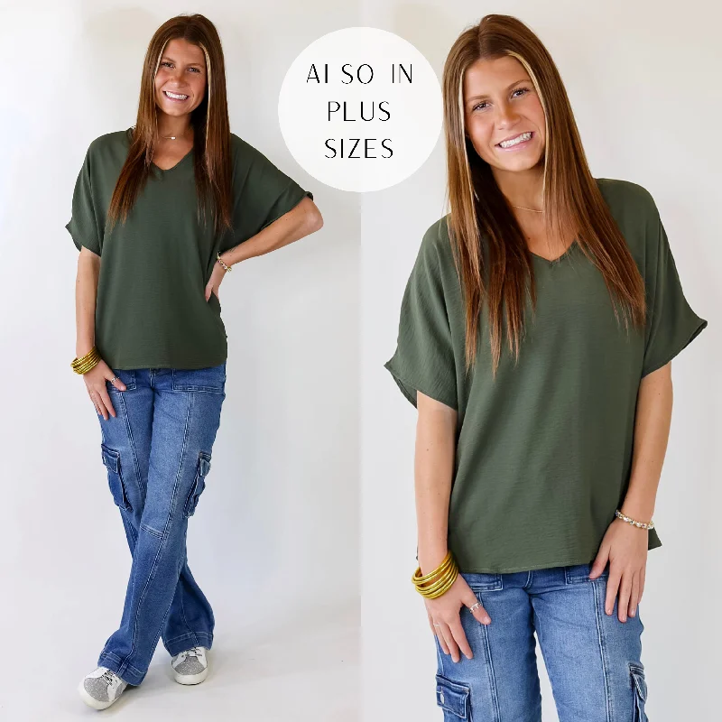 Elegant Clothing Last Chance Size Small | Lovely Dear V Neck Short Sleeve Solid Top in Olive Green