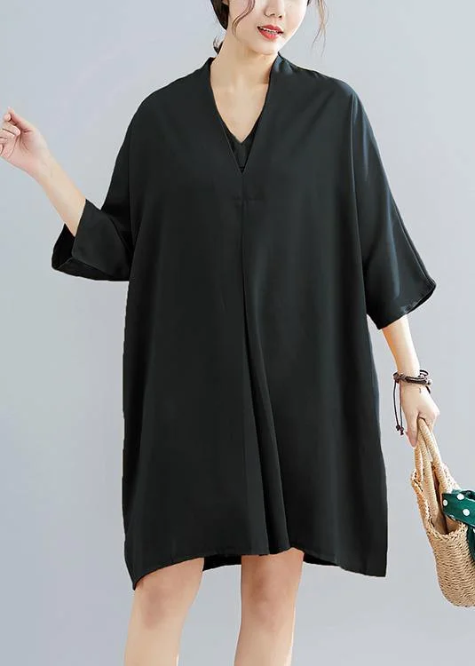 Fashion Frontiers 2024 summer new chiffon v neck women half sleeve black dress