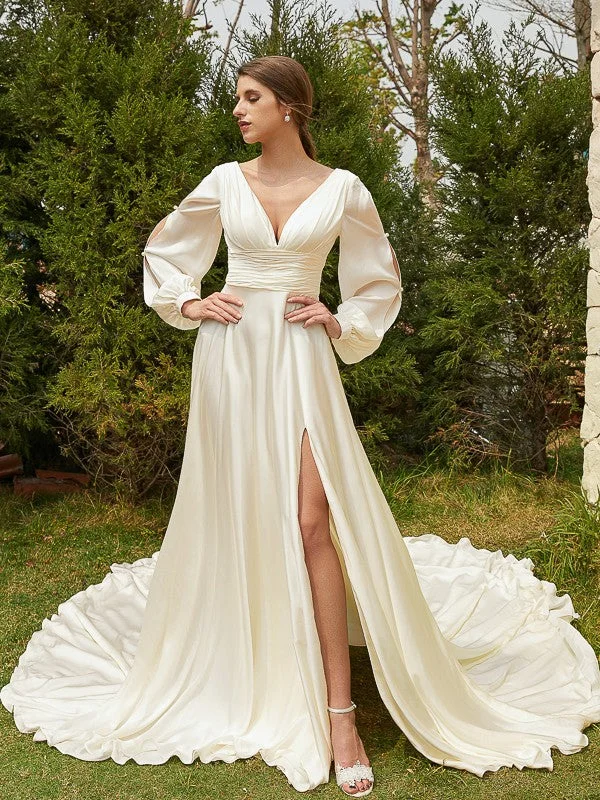 Latest Trends A-Line/Princess Satin Chiffon Ruched V-neck Long Sleeves Cathedral Train Wedding Dresses