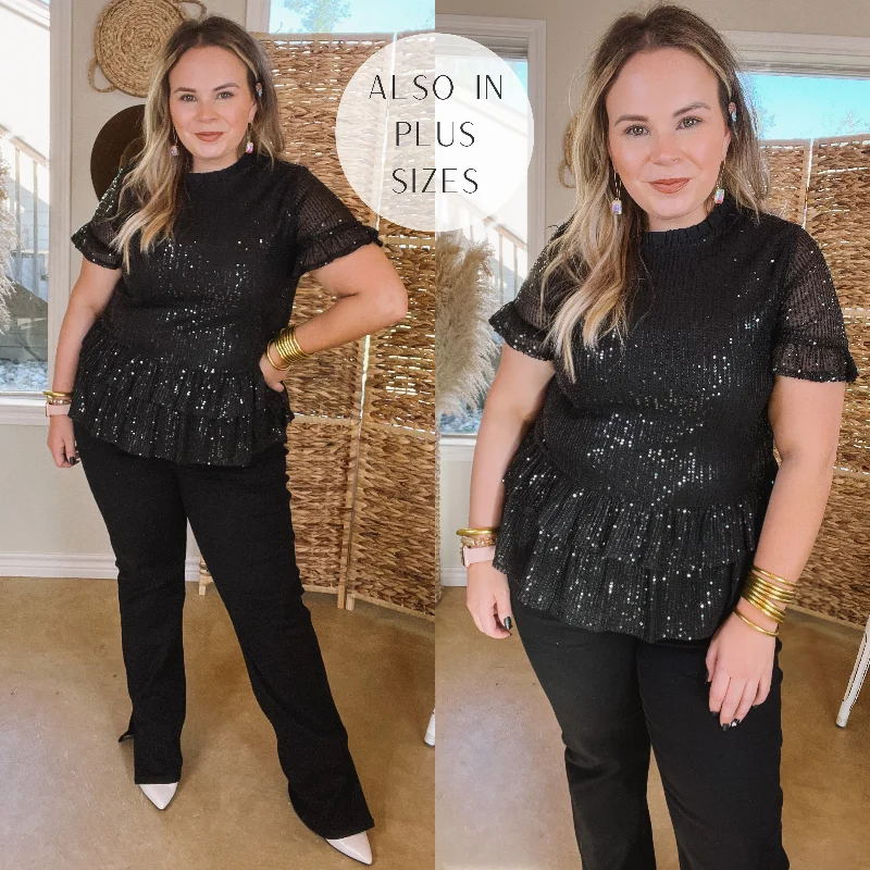 Flash Sales This Week Catching Glances Sequin Short Sleeve Double Ruffle Peplum Top in Black