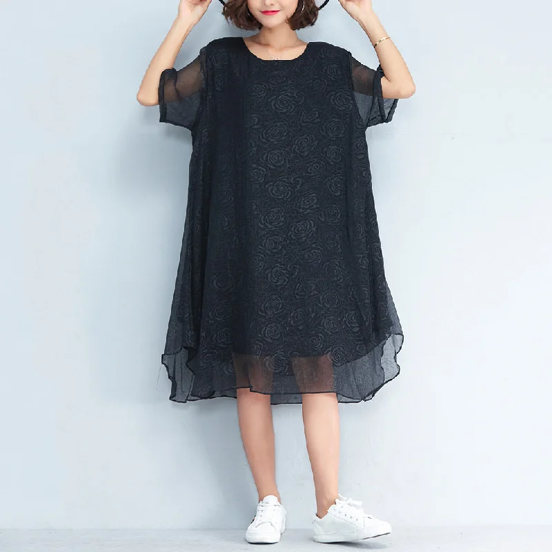 Trendy Women's Wear Collection baggy black floral chiffon knee dress oversized traveling clothing Elegant short sleeve layered chiffon dress