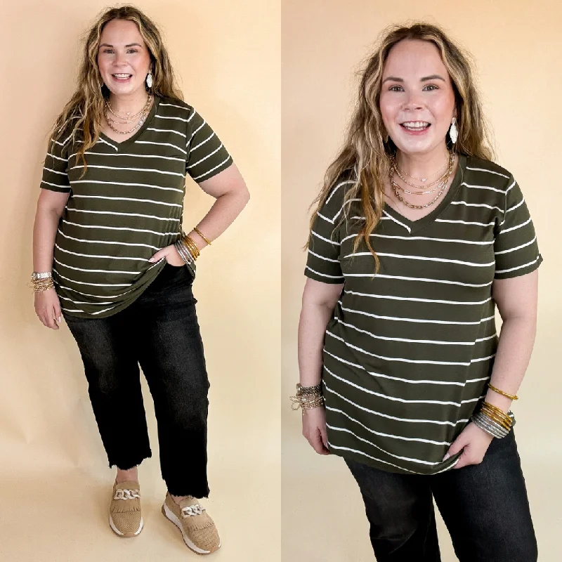 City Fashion Last Chance Size Small & Medium | Keep Things Casual Striped V Neck Tee in Olive Green