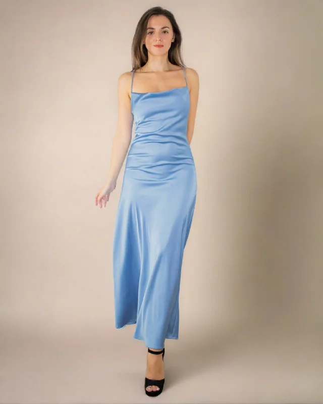 Luxury Fashion Davina Blue Satin Cowl Neck Dress - Long Satin Slip Dress