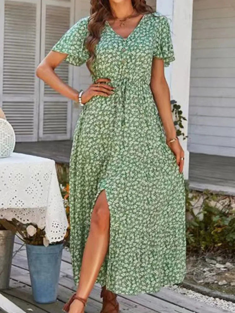 Glamorous Evening Wear Vintage Floral Elegant Loose New Slit Holiday Leisure Print Midi Dresses