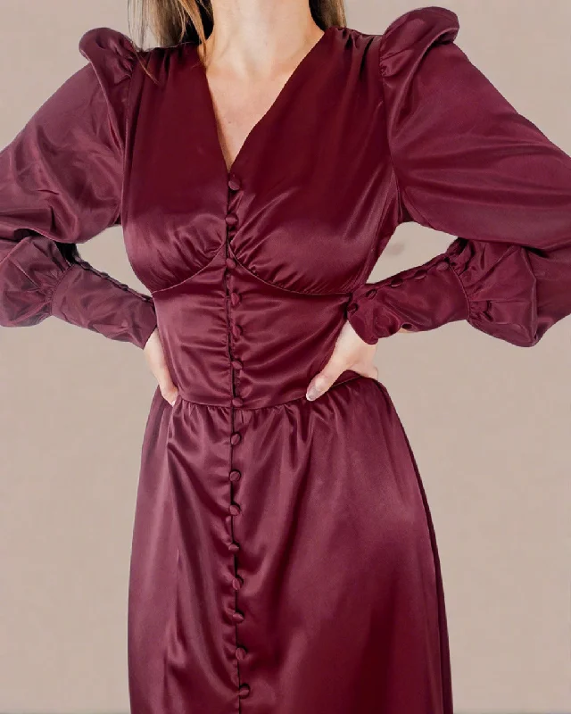 Trend Setting Wardrobe Kelsey Burgundy Red Satin Long Sleeve Dress with Bishop Sleeves