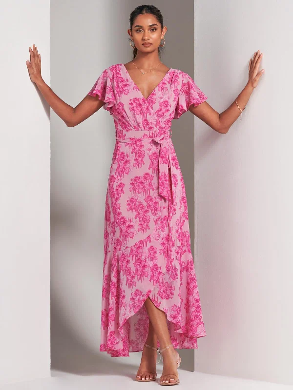 Trendy Outfits For Ladies Haylie Frill Chiffon Maxi Dress, Pink Floral