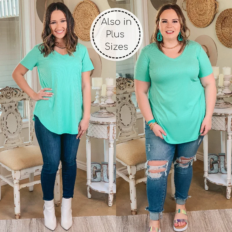 You'Ll Love Us Because Simply Obsessed Ribbed Short Sleeve V Neck Top in Mint