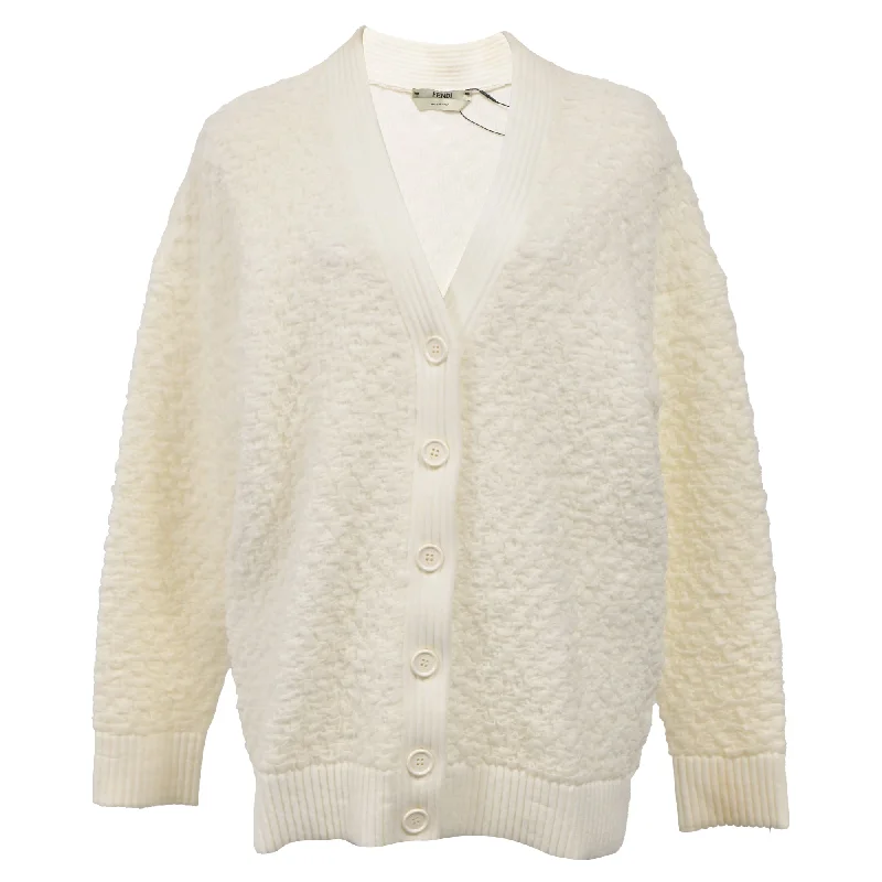 Relaxed Style Fendi Textured Button-Down Cardigan in Cream Wool