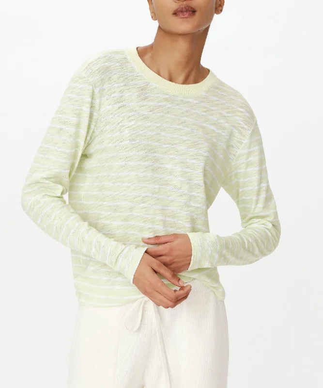 Massive Savings Slub Jersey with Stripe Long Sleeve Destroyed Wash Crop Tee - Mint Tint-White