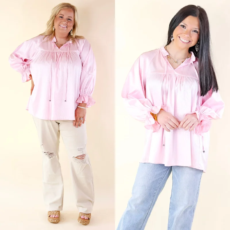 Versatile Wardrobe Essentials Sunset Situation Front Tie Keyhole Blouse in Light Pink