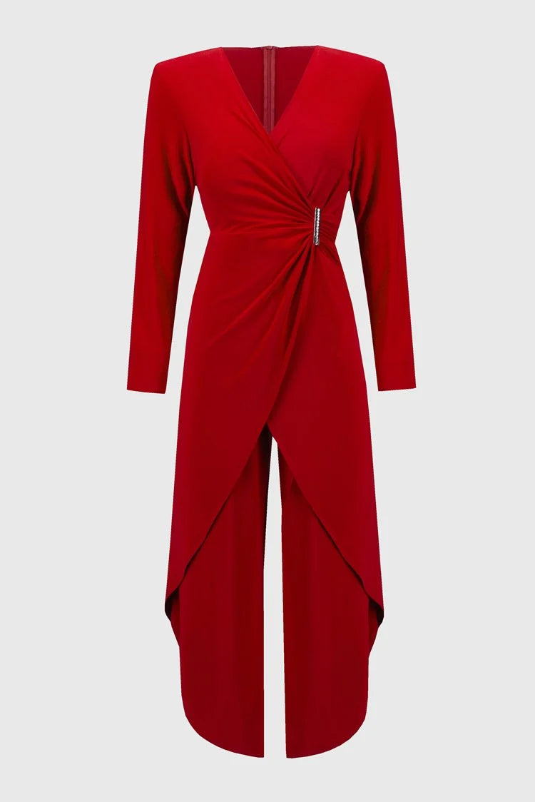 Limited Stock, Big Discounts Joseph Ribkoff Lipstick Red Silky Knit Wrap Culotte Jumpsuit