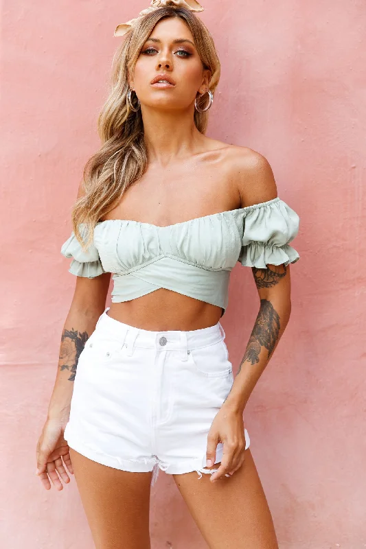 Fresh Styles, Fresh Deals Linka Off-Shoulder Tie-Back Crop Top Pistachio