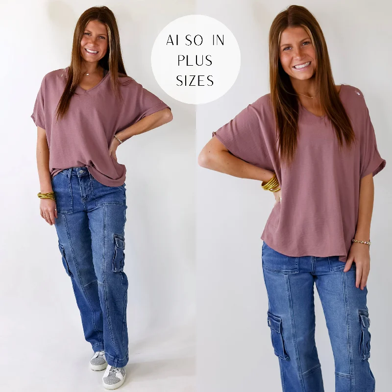 Casual Fashion Lovely Dear V Neck Short Sleeve Solid Top in Mauve Purple