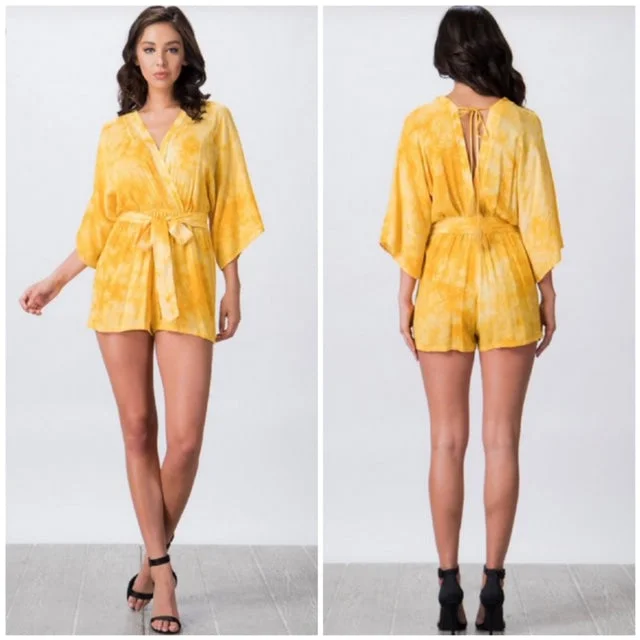 Big Sale Event Yellow Tie Dye Surplice Kimono Romper Casual Womens