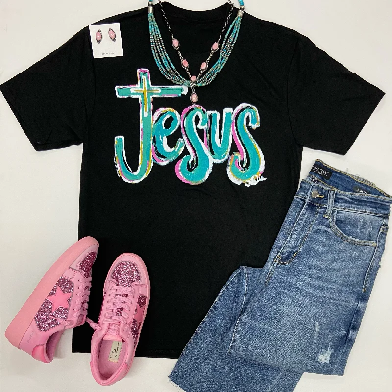 Trendy Women's Outfits for Casual Wear Jesus Cross Short Sleeve Graphic Tee in Black