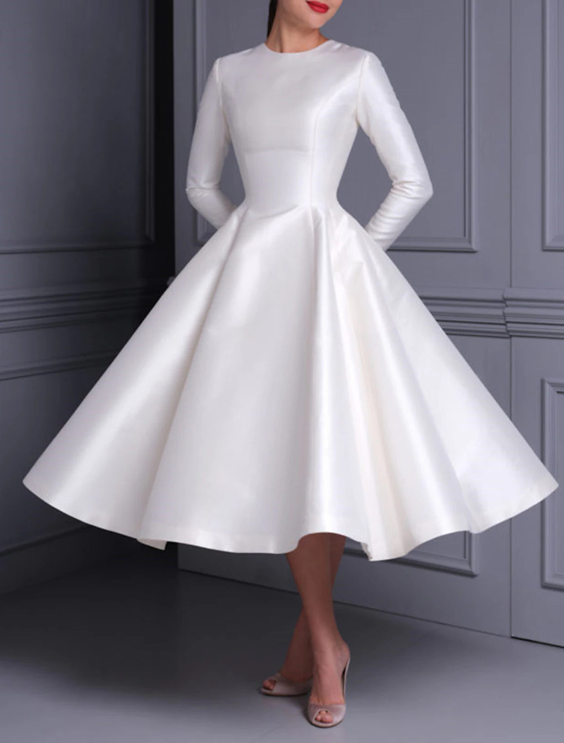 Your Timeless Wardrobe Awaits Bridal Shower Wedding Dresses Vintage 1940s / 1950s Little White Dresses A-Line Scoop Neck Long Sleeve Tea Length Satin Bridal Gowns With Solid Color Summer Fall Wedding Party